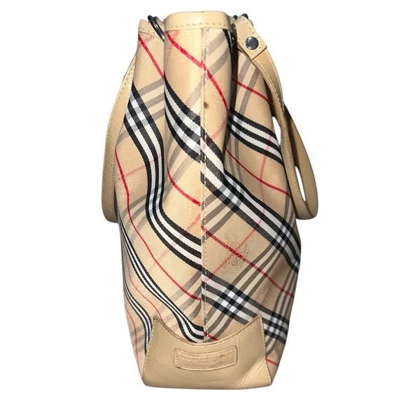 Burberry Nova Check Canvas Leather Tote Tan Black Red Traditional Plaid Pleated - Picture 4 of 16